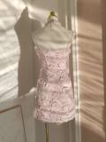 Niulatu A Line Spaghetti Straps Pink Lace Vacation Dresses Short Birthday Outfits SD330