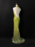 Niulatu Green Halter Sequins Backless Prom Dress Long Mermaid Evening Dress HZ1007