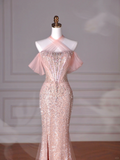 Niulatu Pink Halter Sequin Beaded Tulle Mermaid Evening Dress Long Prom Dress HZ1007