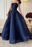 Niulatu Navy Blue Strapless Appliques A Line Prom Dress Evening Dress HZ1007