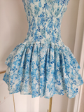 Niulatu A line Strapless Sleeveless Blue Floral Party Dress Short Birthday Outfits SD380