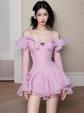 Simple A line Off The Shoulder Pink Chiffon Short Homecoming Dress Summer Hoco Dresses Mini Cocktail Dress HZ1214