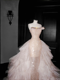 Niulatu Champagne Tulle Sequins Beaded Sheath Long Prom Dress Evening Dress HZ1007