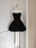 Niulatu A Line Strapless Black Velvet Ruffles Vacation Dresses Short Birthday Outfits SD337