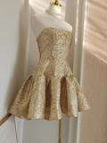 Niulatu Ball Gown Strapless Travel Vacation Dresses Short Satin Gold Birthday Dress SD321