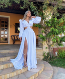 Niulatu Women's V-neck Puff Long-sleeve Slit Long Evening Dress HZ1007
