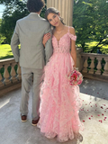 Niulatu Off Shoulder Fluffy Lace Appliques Floral Long Prom Dress Evening Dress HZ1007
