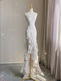 Niulatu Mermaid Scoop Satin Night Party Dress White Long Prom Dresses SD1524