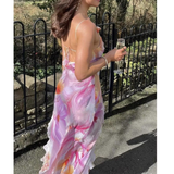 Niulatu Ruffle Graphic Floral Print Low Backless Long Prom Dress Slit Party Evening Dress HZ1007