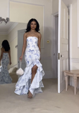 Niulatu Strapless Mermaid Evening Dress SAtin Print Floral Ruffless Party Prom Dress HZ1007