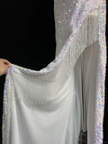 Niulatu White Spaghetti Straps Sequins Prom Dress Mermaid Slit Tassel Evening Dress HZ1007