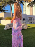 Niulatu Spaghetti Straps V Neck Chiffon Print Prom Dress,Charming Evening Dress HZ1007