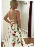 Niulatu V neck A Line Prom Dress with Embroidery, Open Back Evening Dress HZ0113