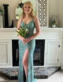 Niulatu Green Spaghetti Straps Tulle Sequins Evening Gown Slit Prom Dress HZ1007