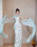 Niulatu Satin Print Floral Prom Dress Blue Mermaid Evening Dress HZ1007