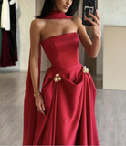 Niulatu A-Line Satin Burgundy Long Prom Dress Strapless Evening Dress HZ1007