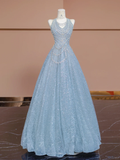 Niulatu Baby Blue A Line Halter Sequin Beaded Tulle Long Prom Dress Party Dress HZ0113