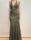 Niulatu Halter Satin Beaded Mermaid Evening Dress Sexy Backless Green Prom Dress HZ1007