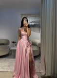 Niulatu A Line Sweetheart Neck Pleated Satin Prom Dress Wedding Guest Dress with Slit HZ0113