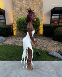 Niulatu Strapless White Ruffles Evening Dress Birthday Dress HZ1007