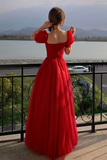 Niulatu Red Tulle A Line Prom Dress Long Evening Dress HZ1007