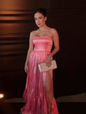 Niulatu Pink A-line Strapless Side Slit Long Party Prom Dresses HZ0113