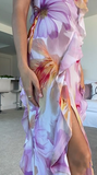 Niulatu Ruffle Graphic Floral Print Low Backless Long Prom Dress Slit Party Evening Dress HZ1007