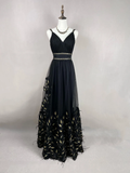 Niulatu Black Tulle Gold Silk Feathers A Line Prom Dress Formal Evening Dress HZ1007