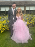 Niulatu Pink Tulle Tiered A Line Prom Dress Straps Evening Gown HZ1007