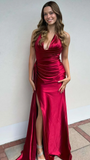 Niulatu Halter V-Neck Ruched Bodycon Prom Dress,Long Slit Evening Gown HZ1007