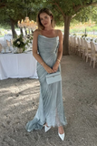 Niulatu Straps Blue Tulle Pleated Evening Dress Elegant Prom Dress HZ1007
