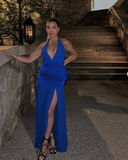 Niulatu Halter Slit Satin Evening Dress Formal Prom Dress HZ1007