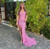 Niulatu Pink Sequins Lace Feathers Mermaid Evening Dress Slit Prom Dress HZ1007