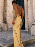 Niulatu Pecan Bronze A Line Spaghetti Strap Satin Open Back Prom Dress Wedding Guest Dress HZ0113