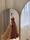 Niulatu Mermaid Strapless Brown Floor Length Prom Dress HZ1110