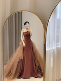 Niulatu Mermaid Strapless Brown Floor Length Prom Dress HZ1110