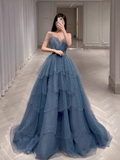 Niulatu A line Spaghetti Straps Grey Blue Floor Length Prom Dresses HZ1110