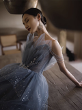 Niulatu A line Spaghetti Straps Grey Blue Floor Length Prom Dresses HZ1110