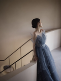 Niulatu A line Spaghetti Straps Grey Blue Floor Length Prom Dresses HZ1110