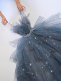 Niulatu A line Straps Tulle Dusty Blue Long Prom Dress HZ1110