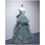 Niulatu A line Spaghetti Straps Grey Blue Floor Length Prom Dresses HZ1110