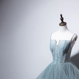Niulatu A line Spaghetti Straps Grey Blue Floor Length Prom Dresses HZ1110
