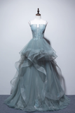 Niulatu A line Spaghetti Straps Grey Blue Floor Length Prom Dresses HZ1110