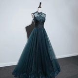 Niulatu A line High Neckline Floor Length Tulle Green Prom Dresses HZ1110