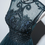 Niulatu A line High Neckline Floor Length Tulle Green Prom Dresses HZ1110
