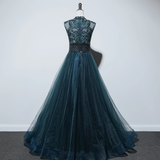 Niulatu A line High Neckline Floor Length Tulle Green Prom Dresses HZ1110