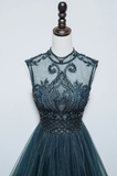 Niulatu A line High Neckline Floor Length Tulle Green Prom Dresses HZ1110