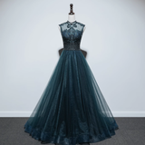 Niulatu A line High Neckline Floor Length Tulle Green Prom Dresses HZ1110