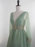 Niulatu line V Neckline Floor Length Tulle Mint Green Long Prom Dresses HZ1110