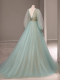 Niulatu line V Neckline Floor Length Tulle Mint Green Long Prom Dresses HZ1110